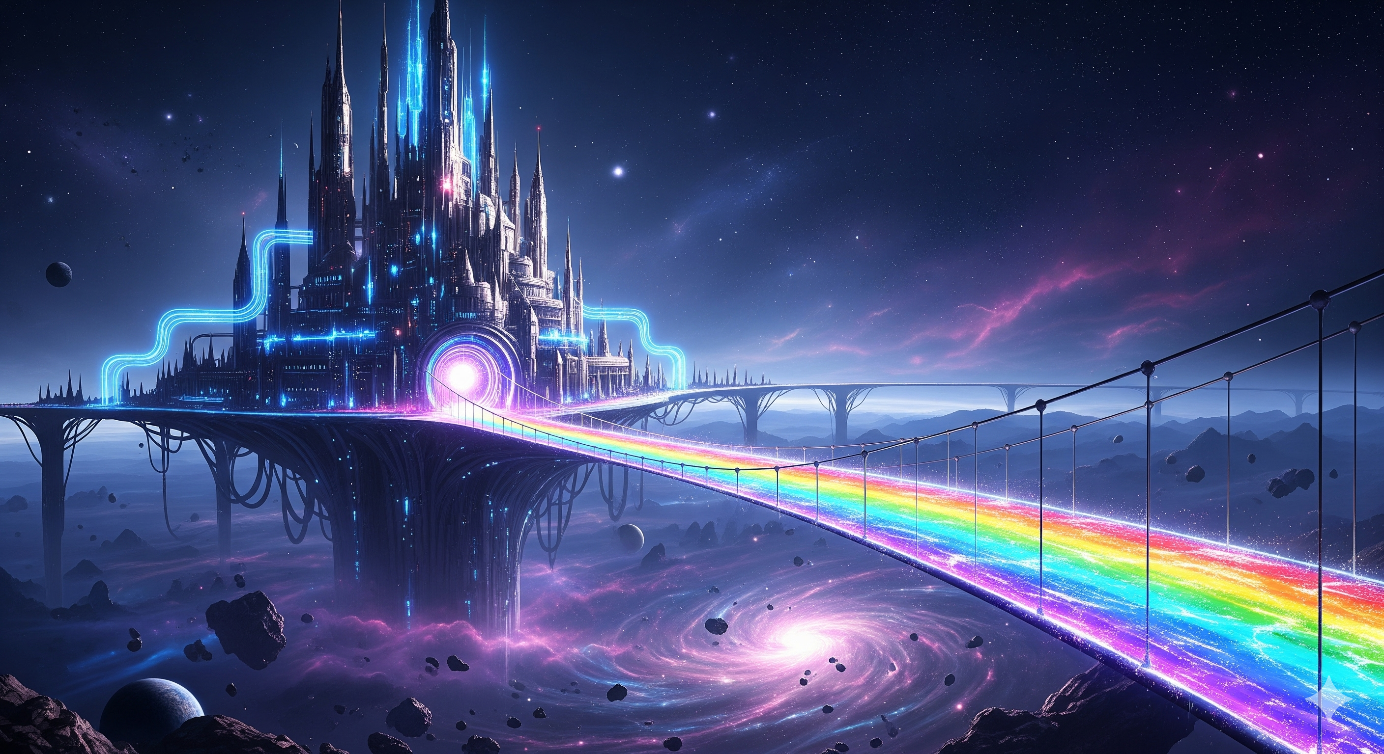 Dreamy castle on a rainbow bridge